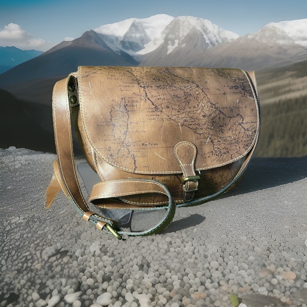 Patricia Nash Veneto Bag Riot Rust Leather‎ Map Print Satchel Purse Tooled*